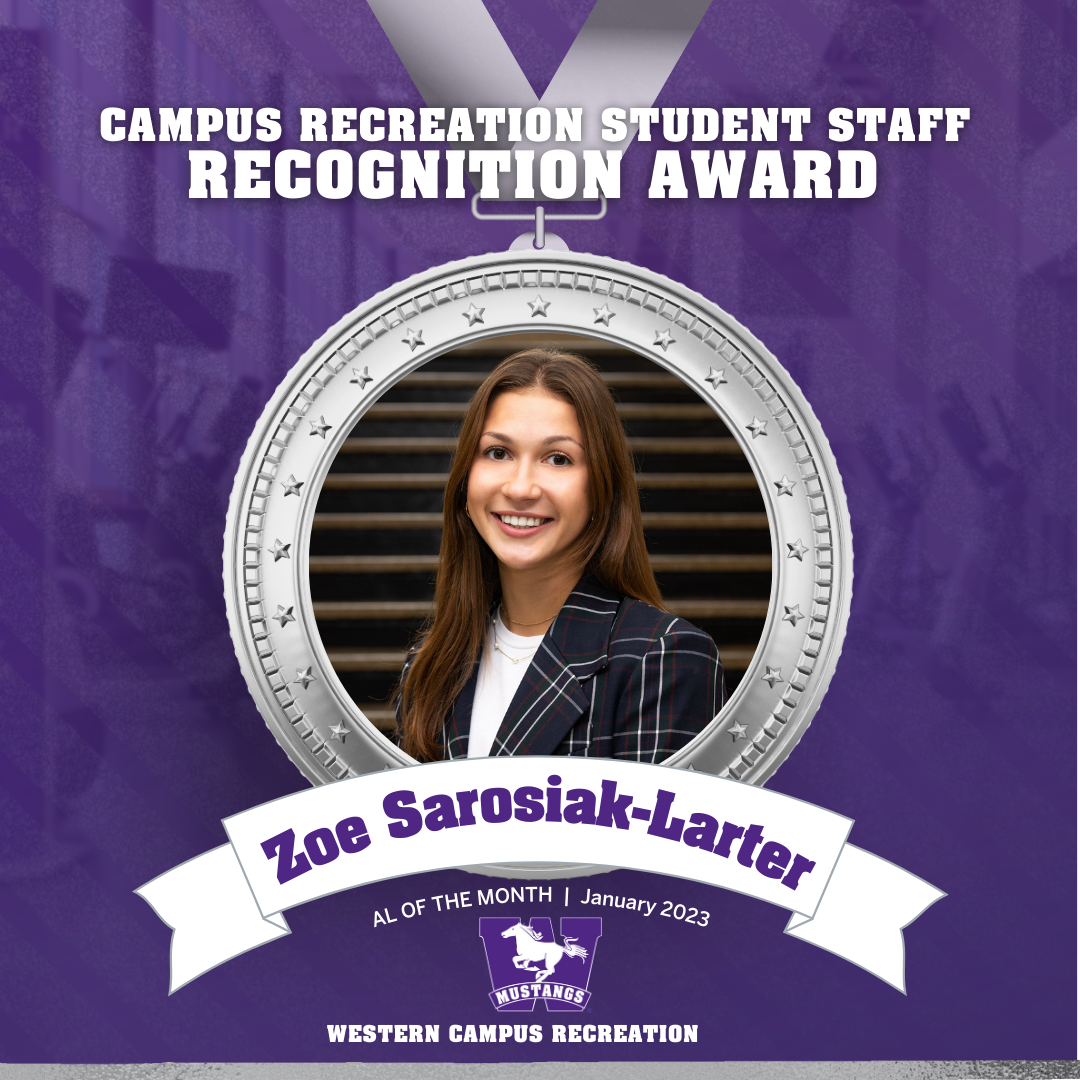 Head shot of Zoe inside a silver medal graphic with a mustangs purple background